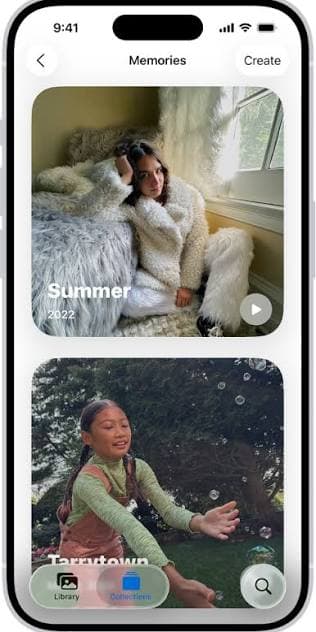 iPhone showing a Memories screen with saved Summer and Terrytown moments